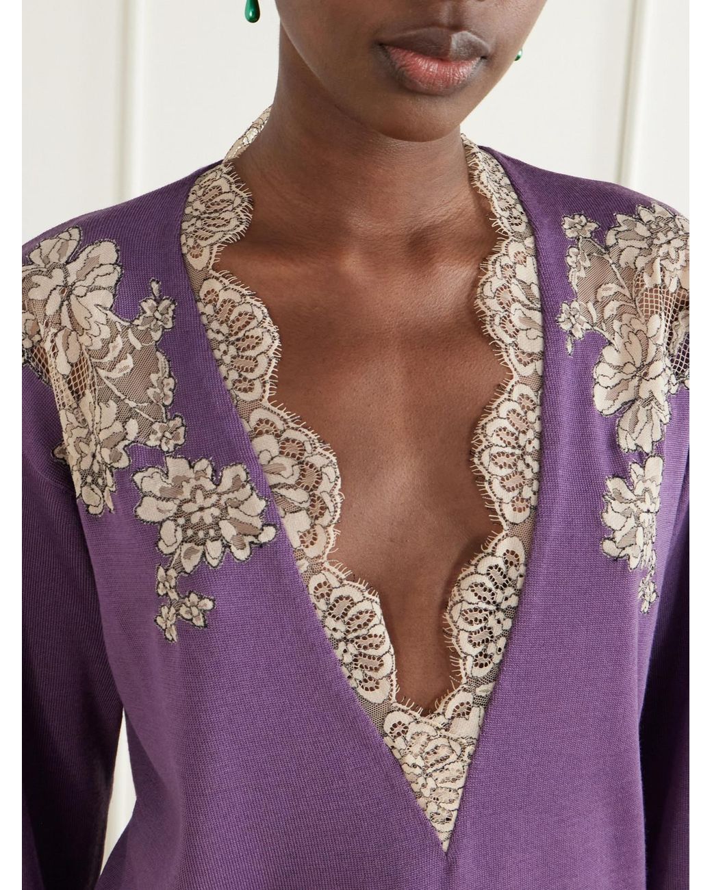 Valentino Garavani Purple Lace-Trimmed Virgin Wool Sweater