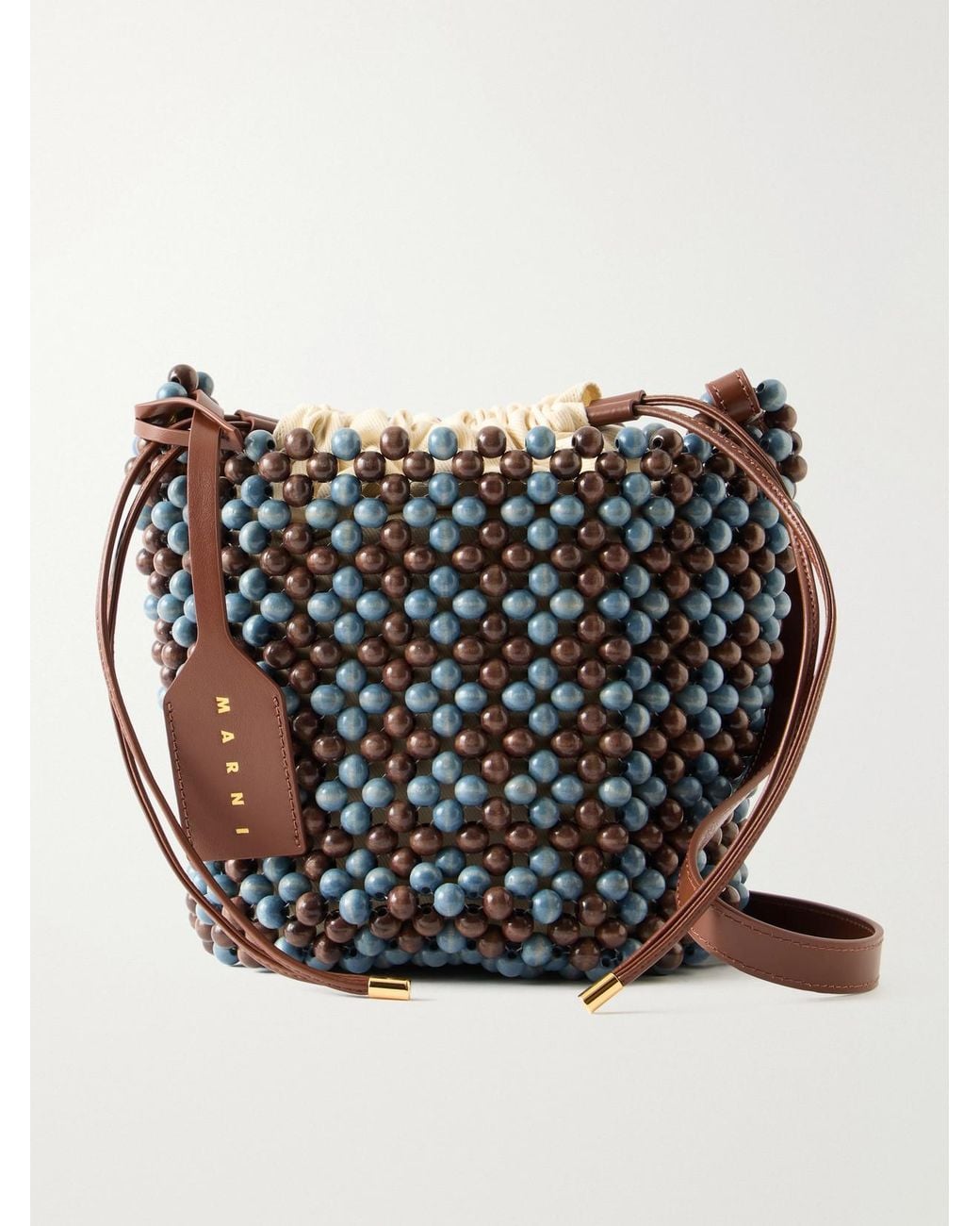 Marni Black Leather-Trimmed Beaded Wood And Canvas Tote