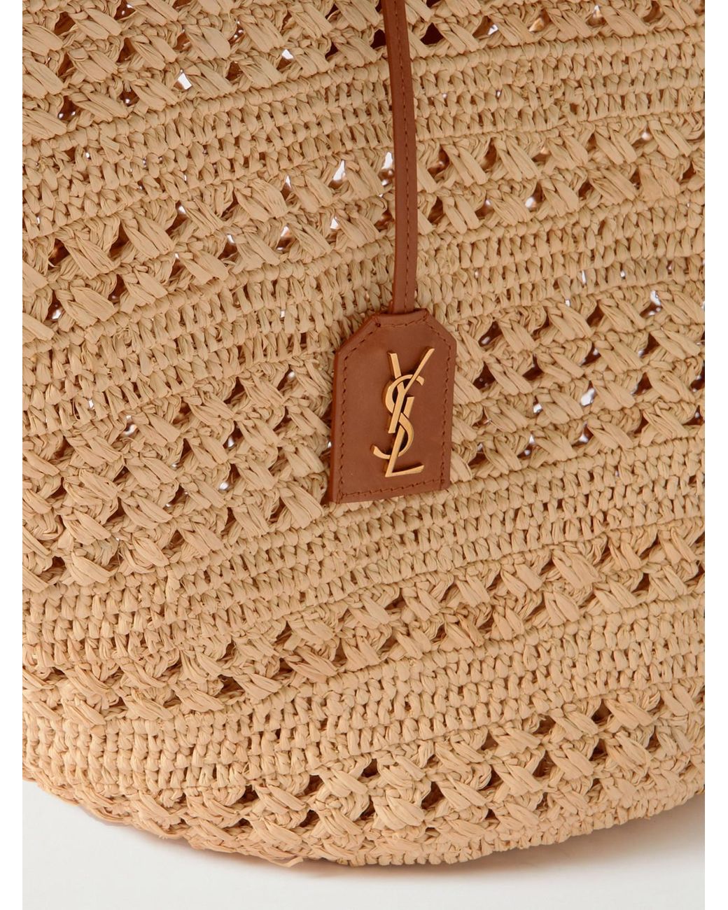 Saint Laurent Natural Panier Medium Leather-Trimmed Raffia Tote