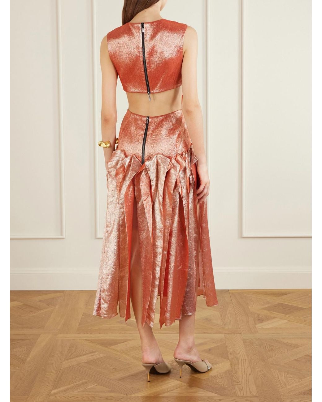 Maticevski White Trailblaze Ruffled Metallic Brocade Gown