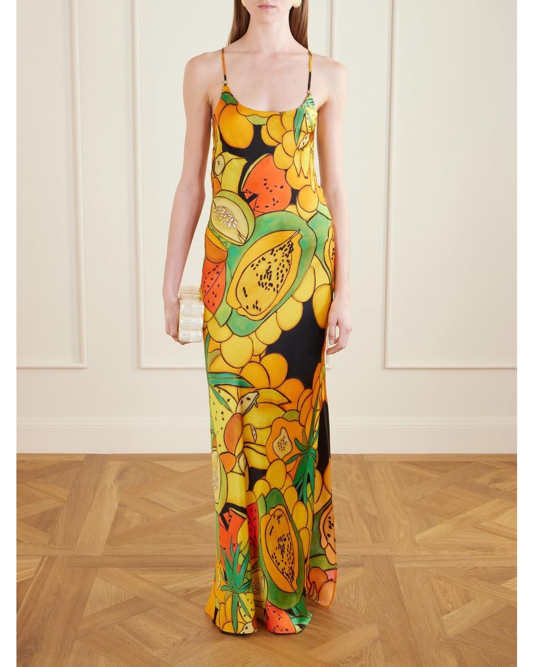 Donde Esteban White Frutas Printed Silk-Blend Satin Maxi Dress
