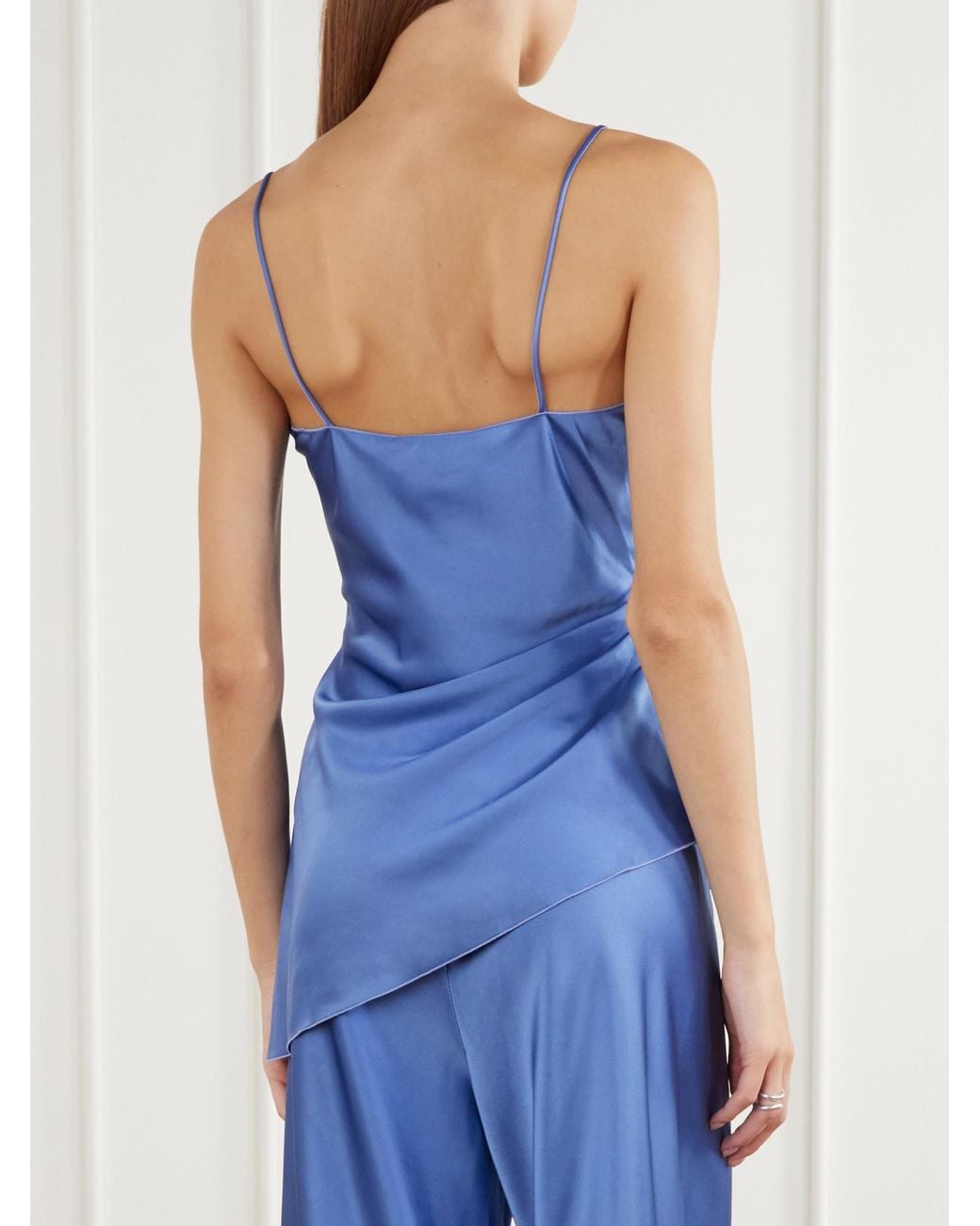 La Ligne Blue Asymmetrical Gathered Satin Cami