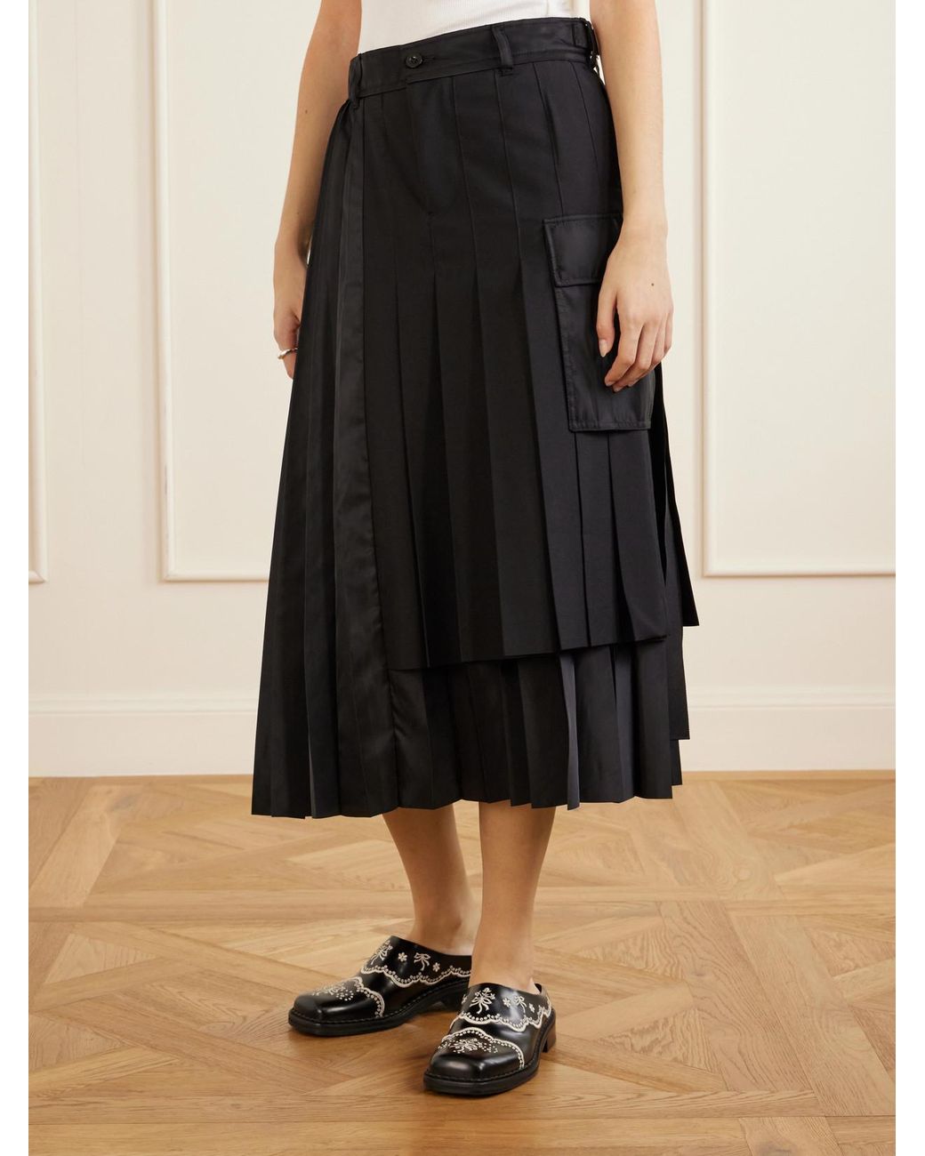 Sacai Black Pleated Twill And Shell Midi Skirt