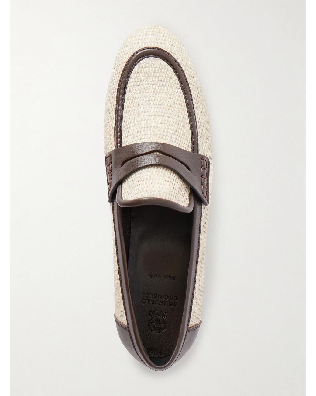 Brunello Cucinelli White Leather-Trimmed Raffia Penny Loafers