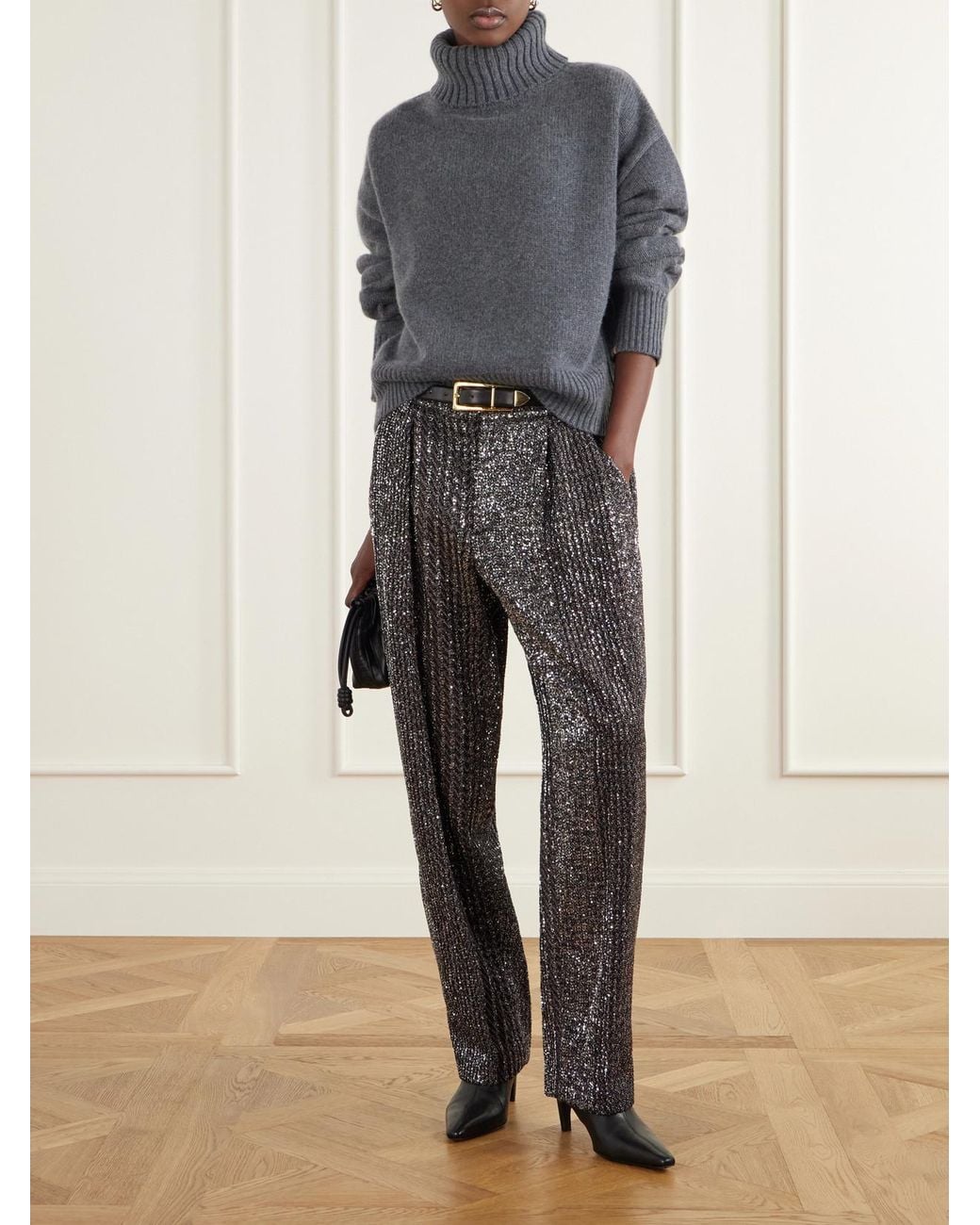 Missoni Gray Pleated Sequined Metallic Crochet-Knit Straight-Leg Pants