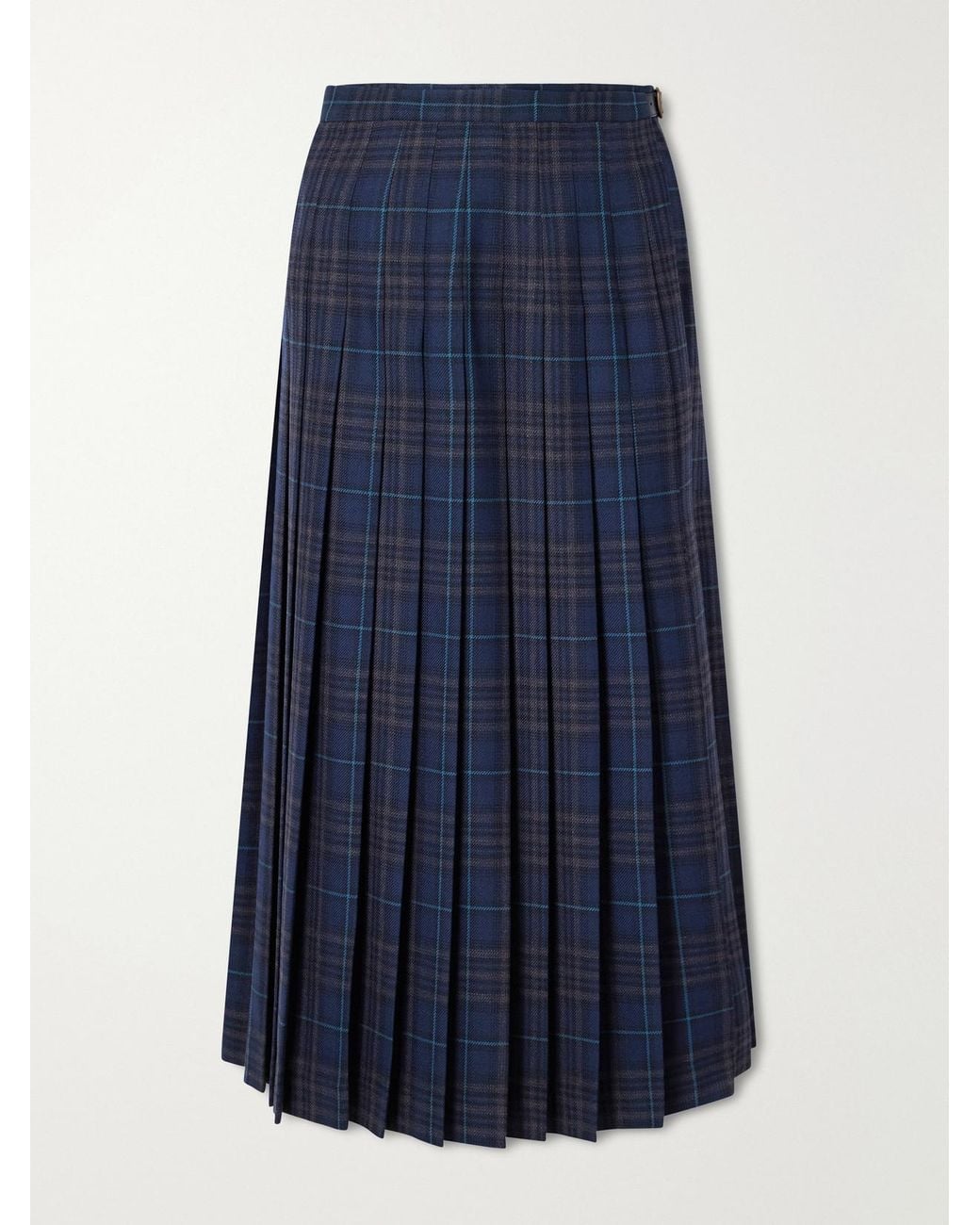 Burberry Blue Elydia Belted Pleated Checked Wool-Blend Twill Midi Skirt