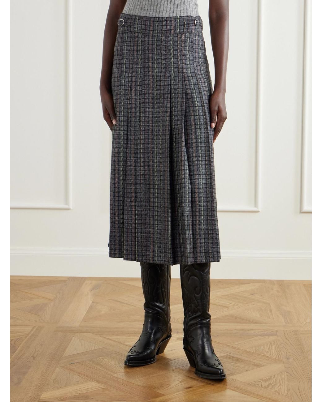 Gabriela Hearst Gray Wesley Pleated Houndstooth Wool And Cashmere-Blend Twill Midi Skirt