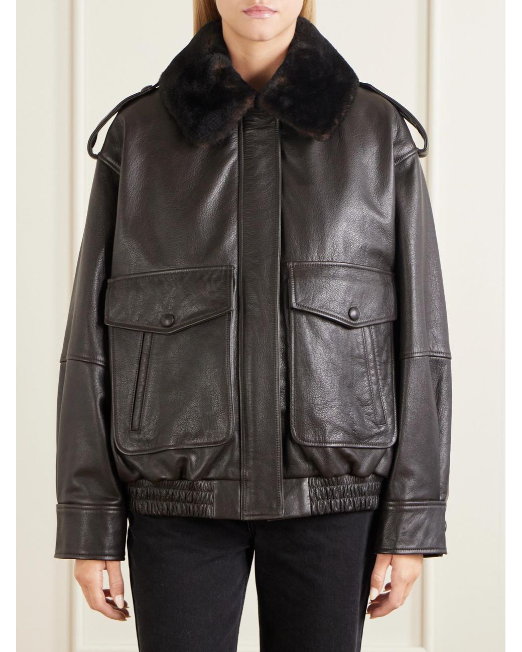 Loulou de Saison Black Russo Shearling-Trimmed Leather Jacket