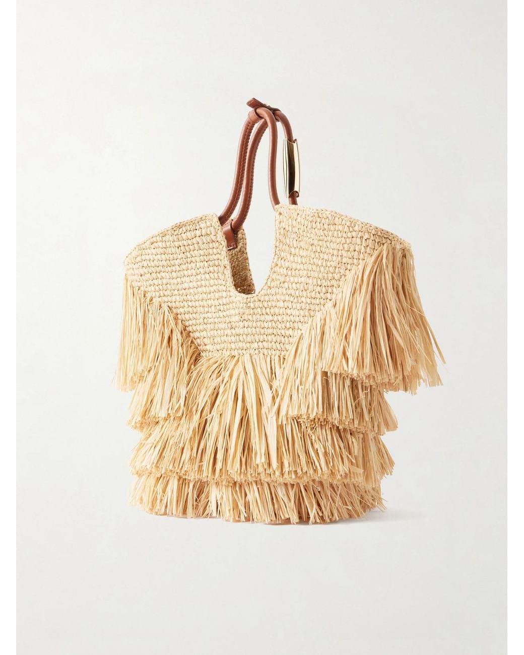 Zimmermann Natural Goldentime Small Leather-Trimmed Fringed Raffia Tote