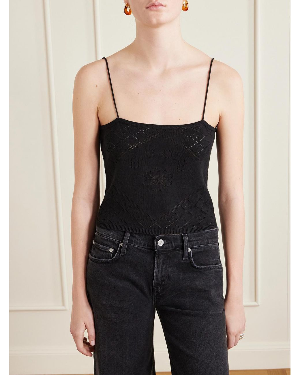 Bode Black Anisette Cropped Embroidered Cotton Tank Top