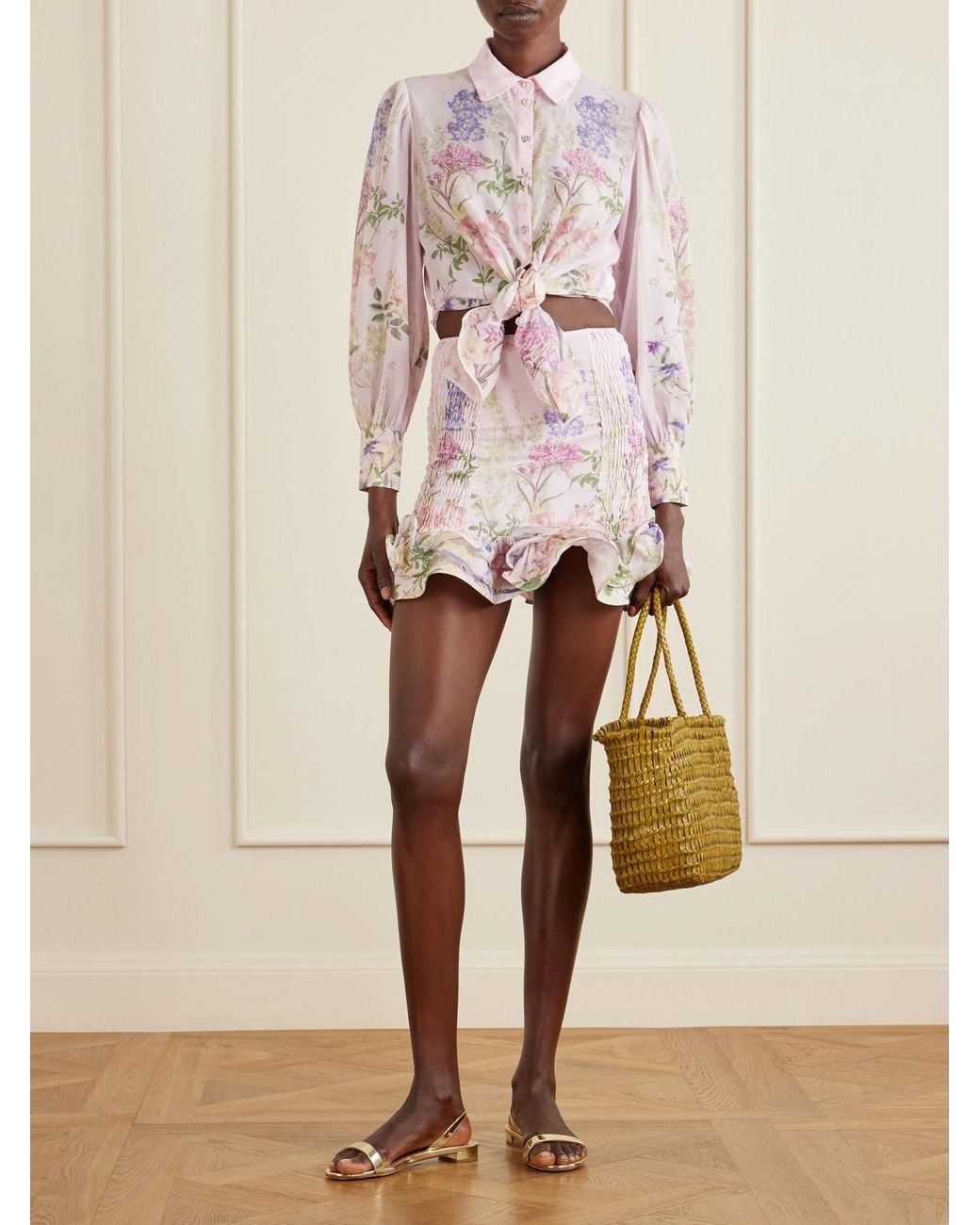 Charo Ruiz Pink Floral Ruffled Cotton-Blend Mini Skirt