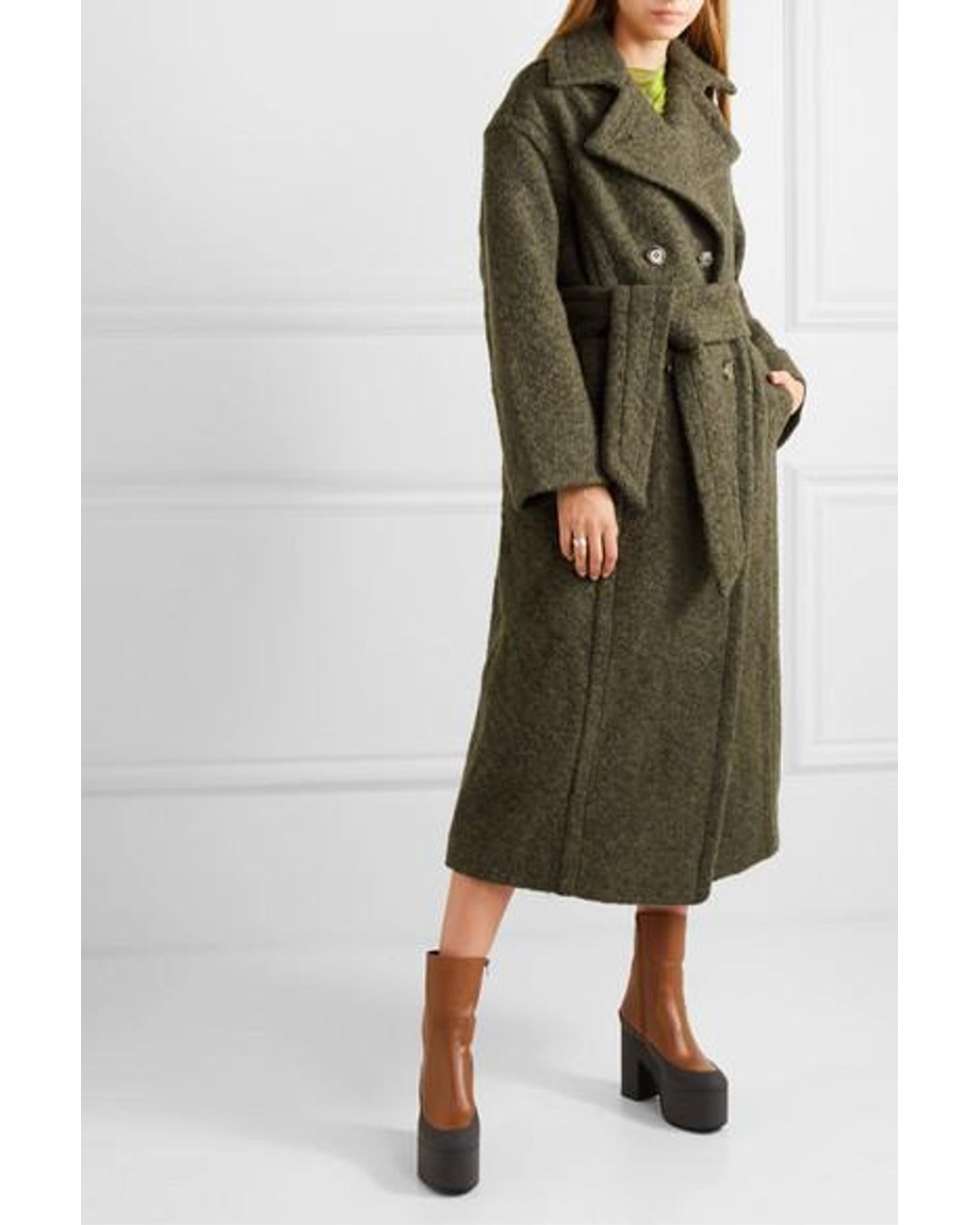 ganni double breasted belted wool blend bouclé coat