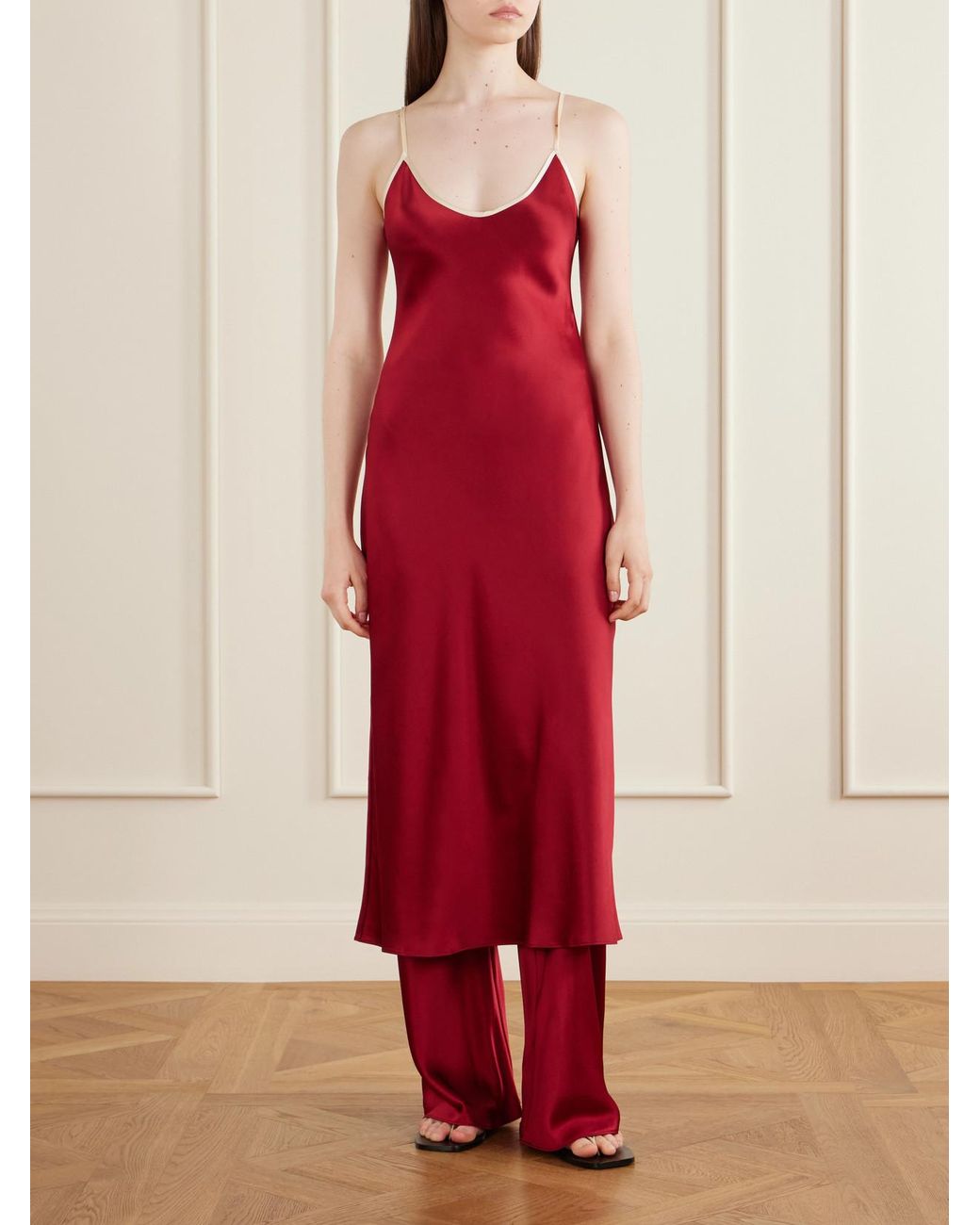Comme Si Red Bias Slip Silk-Charmeuse Slip Midi Dress