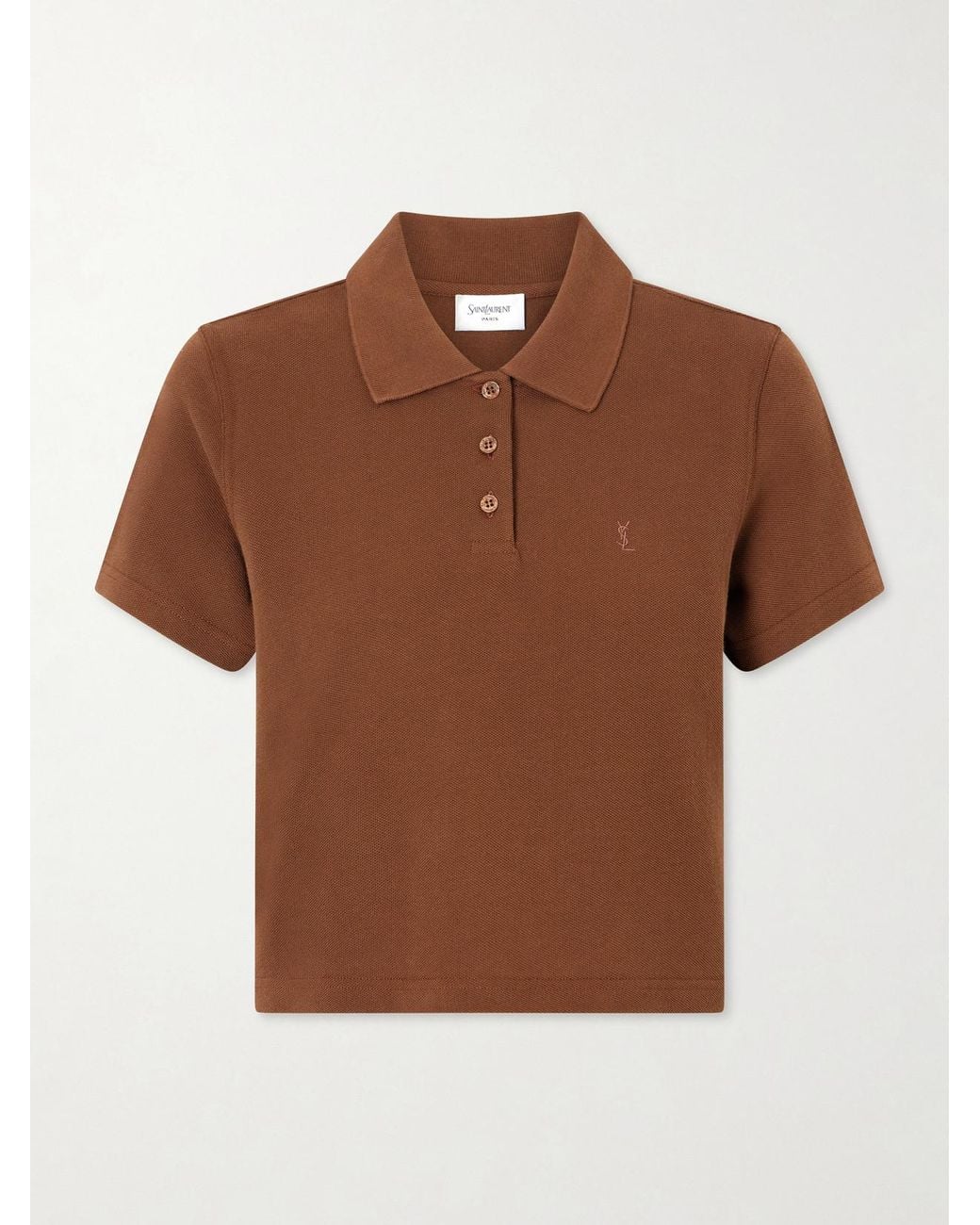 Saint Laurent Brown Cassandre-Embroidered Cropped Cotton-Piqué Polo Shirt