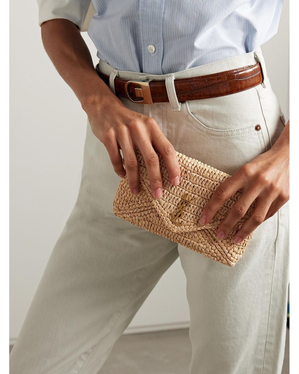 Saint Laurent Natural Cassandre Leather-Trimmed Raffia Shoulder Bag