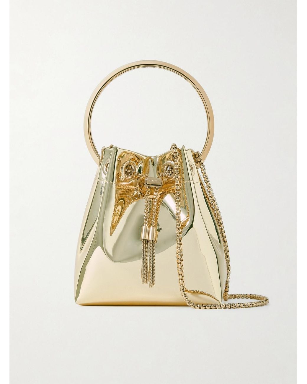 Jimmy Choo Natural Bon Bon Metallic Mirrored-Leather Bucket Bag