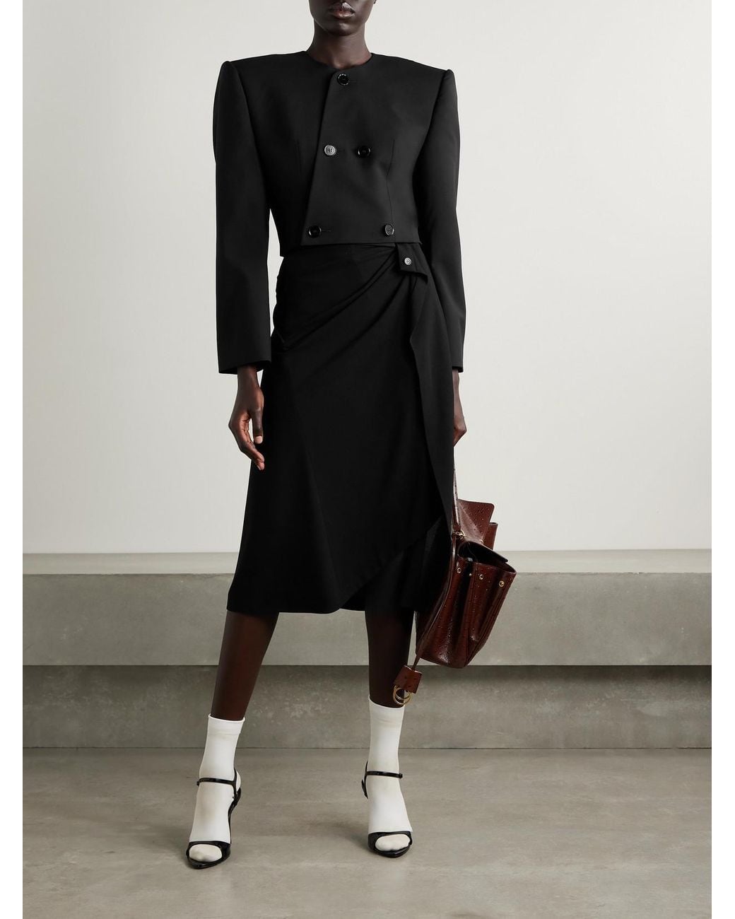 Balenciaga Black Draped Wrap-Effect Crepe Midi Skirt