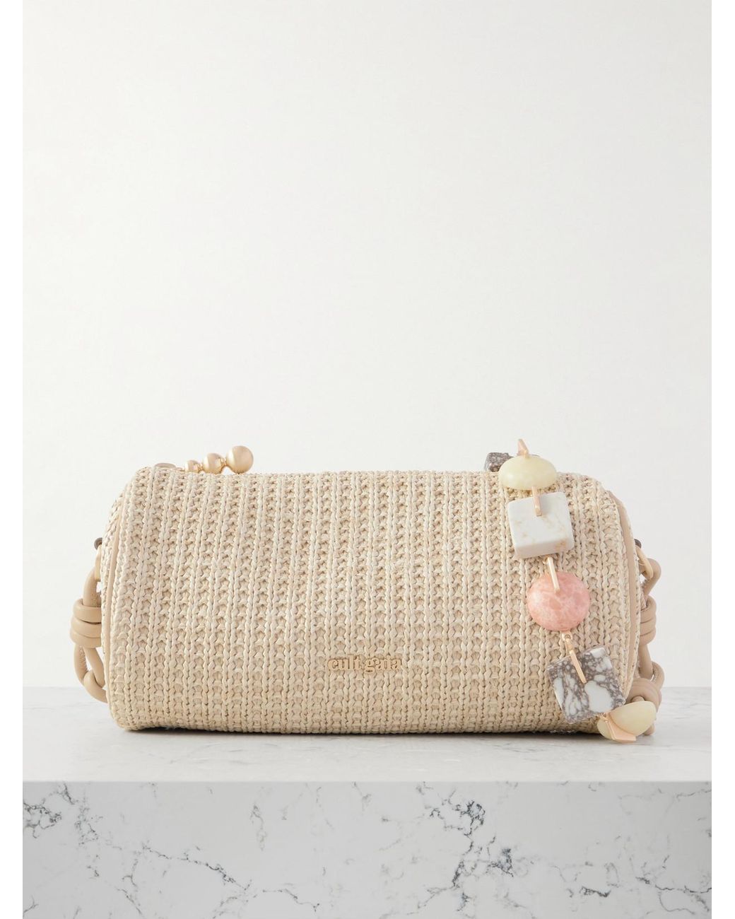 Cult Gaia Zozina Embellished Leather-Trimmed Raffia Shoulder Bag
