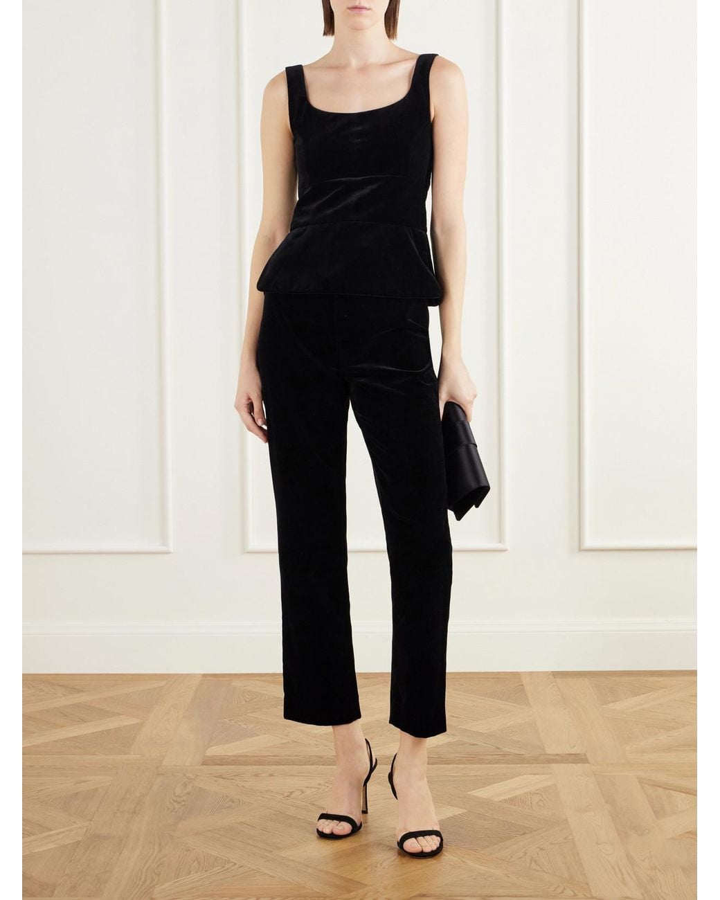 LIBEROWE Black Peplum Cotton-Velvet Bustier Top