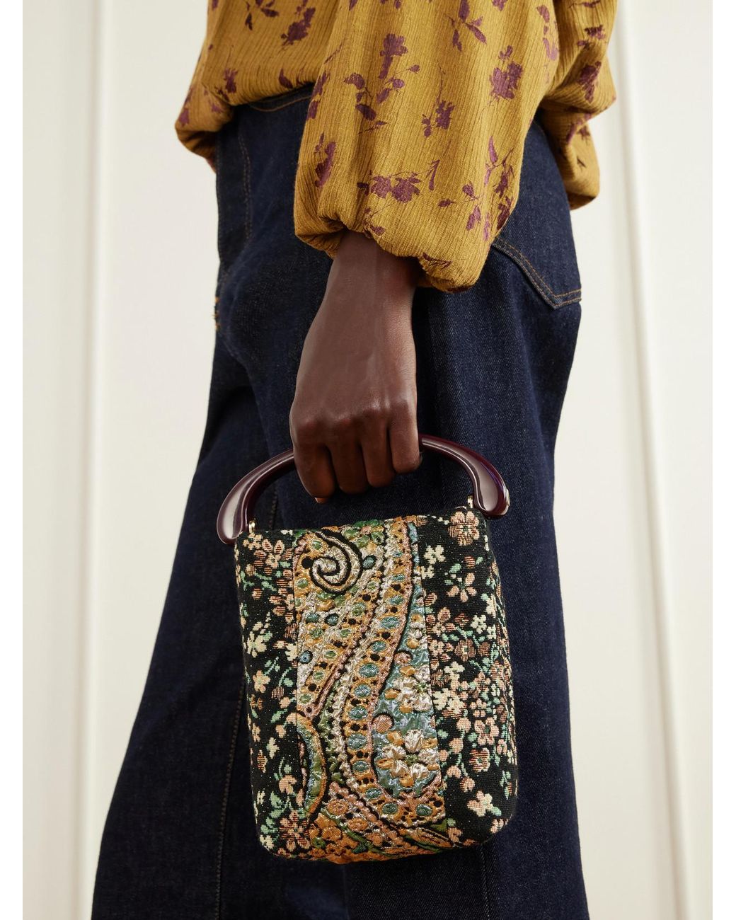 Dries Van Noten Brown Leather-Trimmed Metallic Floral-Jacquard Top-Handle Bag