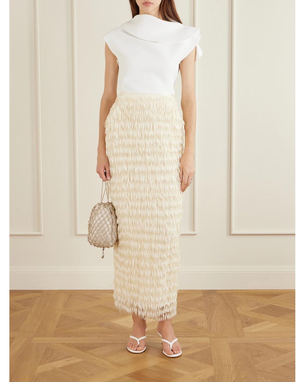 Maticevski Natural Resonate Fringed Satin Midi Skirt