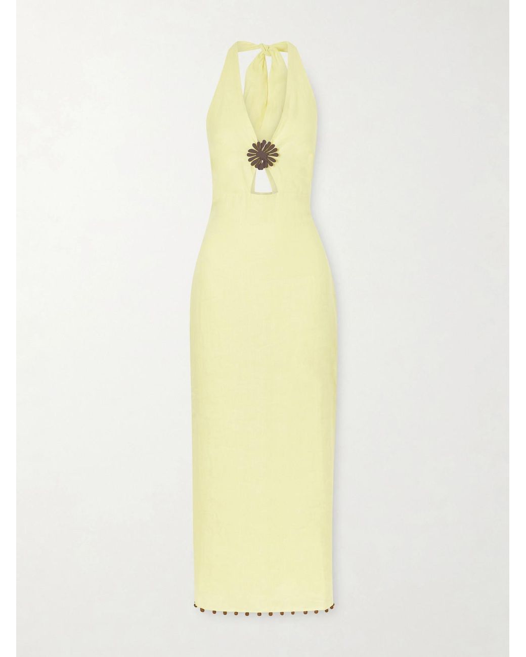 Cala De La Cruz Yellow Orly Embellished Cutout Linen Maxi Dress