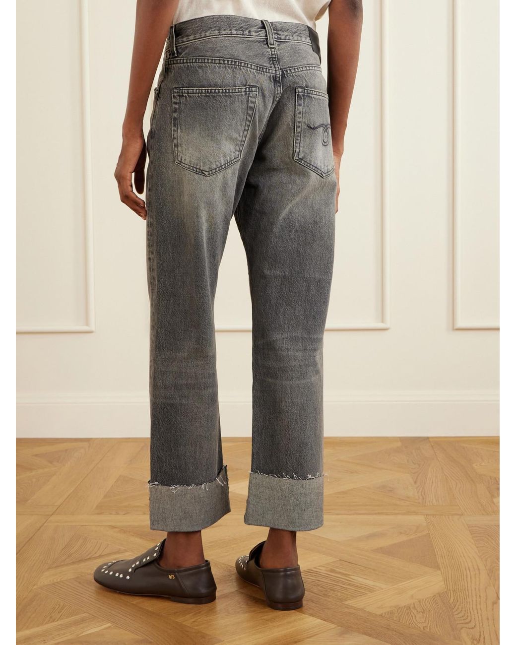 R13 Gray Cuffed Romeo Cropped Frayed Mid-Rise Straight-Leg Jeans