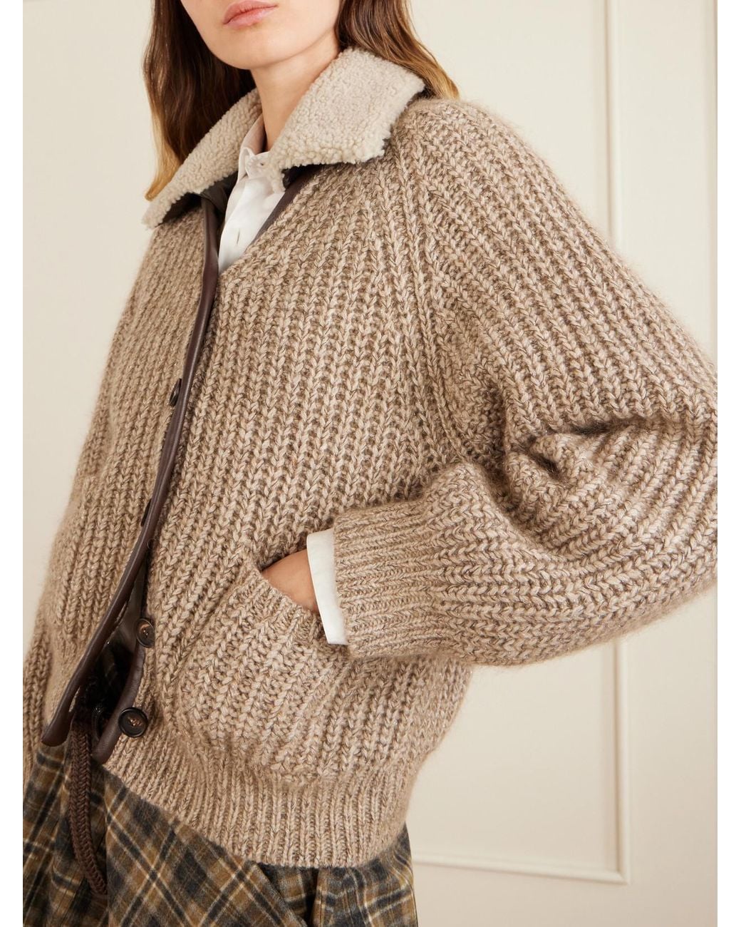 Brunello Cucinelli Natural Shearling And Leather-Trimmed Cashmere-Blend Cardigan