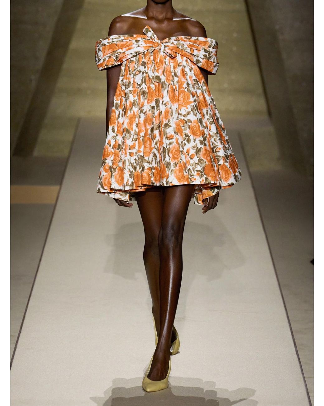 Chloé Orange Off-The-Shoulder Gathered Floral-Print Cotton-Poplin Mini Dress