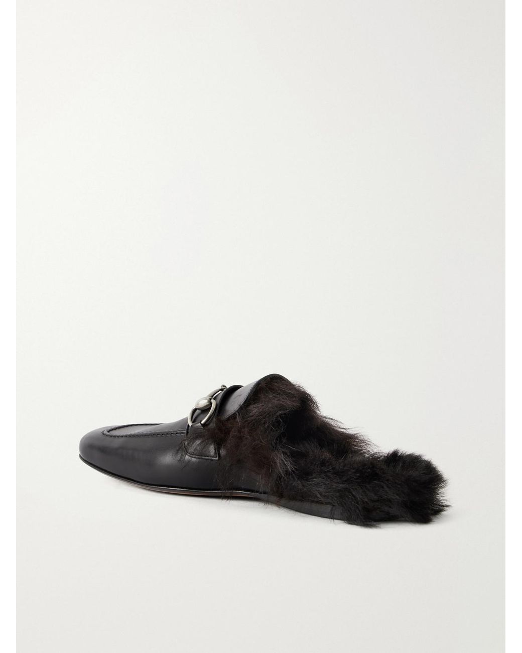 Gucci White Casanova Horsebit-Detailed Shearling-Trimmed Leather Mules