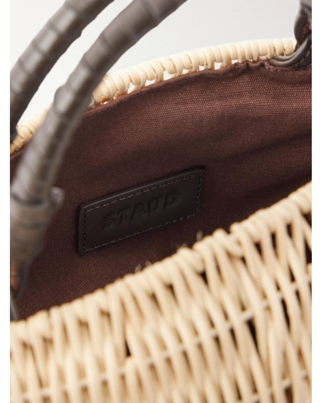 Staud Natural Cleo Fish Mini Leather-Trimmed Raffia Tote