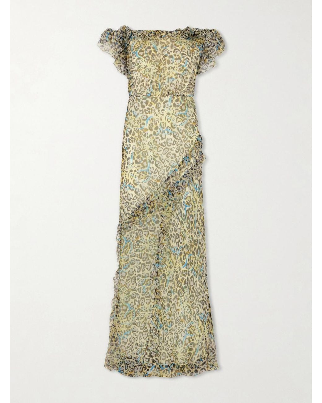 Saloni Green Nina Off-The-Shoulder Ruffled Printed Silk Gown