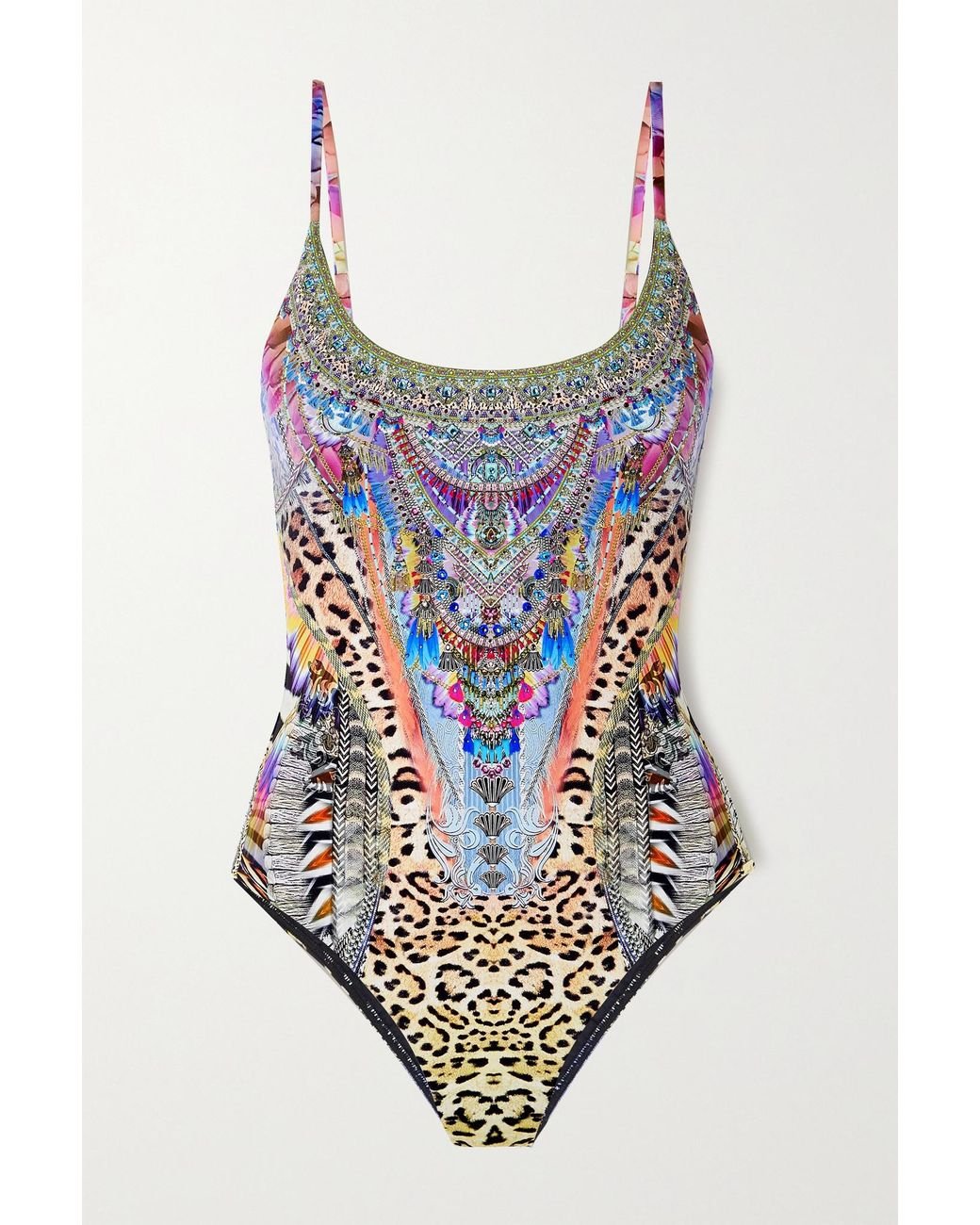Camilla Denim Crystalembellished Printed Swimsuit in Purple Lyst