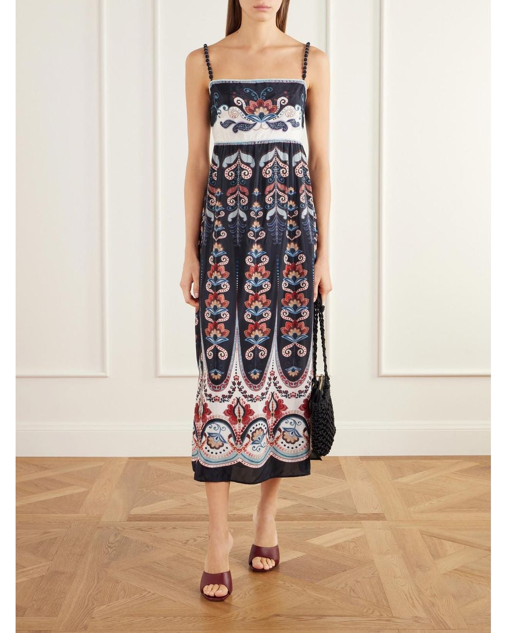 Farm Rio White Nikita Winter Bead-Embellished Printed Charmeuse Midi Dress