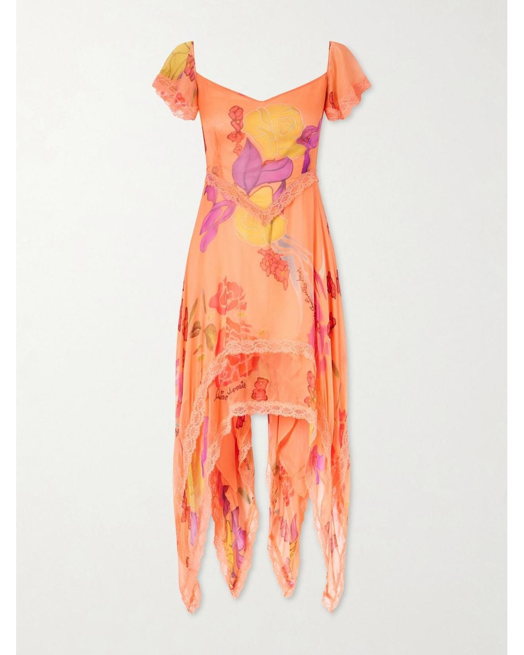 Donde Esteban Orange Guava Flores Ruffled Asymmetric Lace-Trimmed Silk-Chiffon Midi Dress