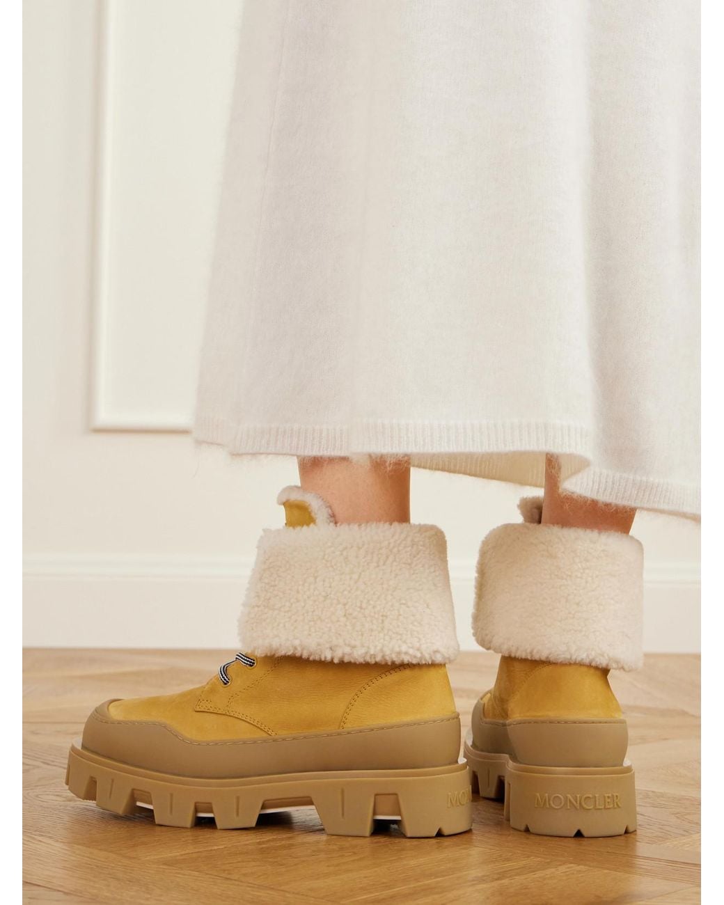 Moncler Natural Peak Snowcap Shearling-Trimmed Nubuck Ankle Boots