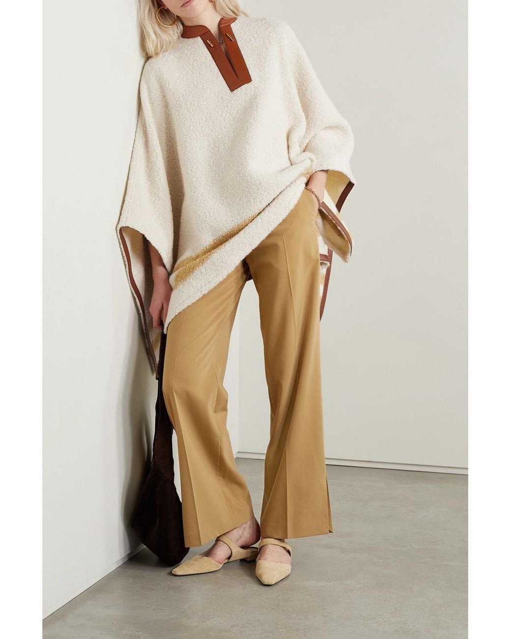Loro Piana White Leather-Trimmed Striped Alpaca-Blend Bouclé Poncho