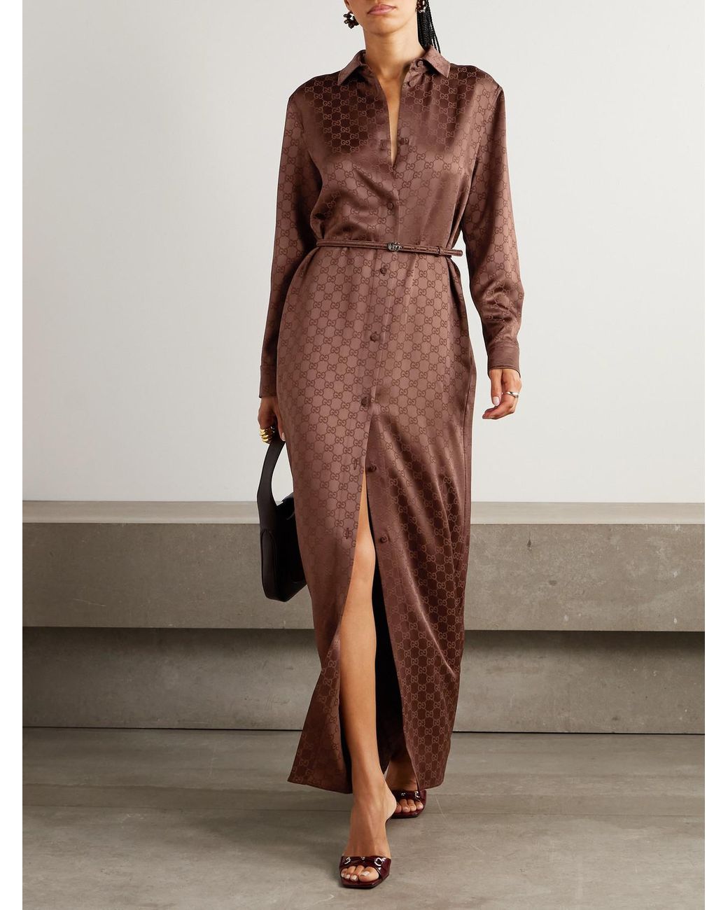 Gucci Belted Satin-Jacquard Maxi Shirt Dress in Brown