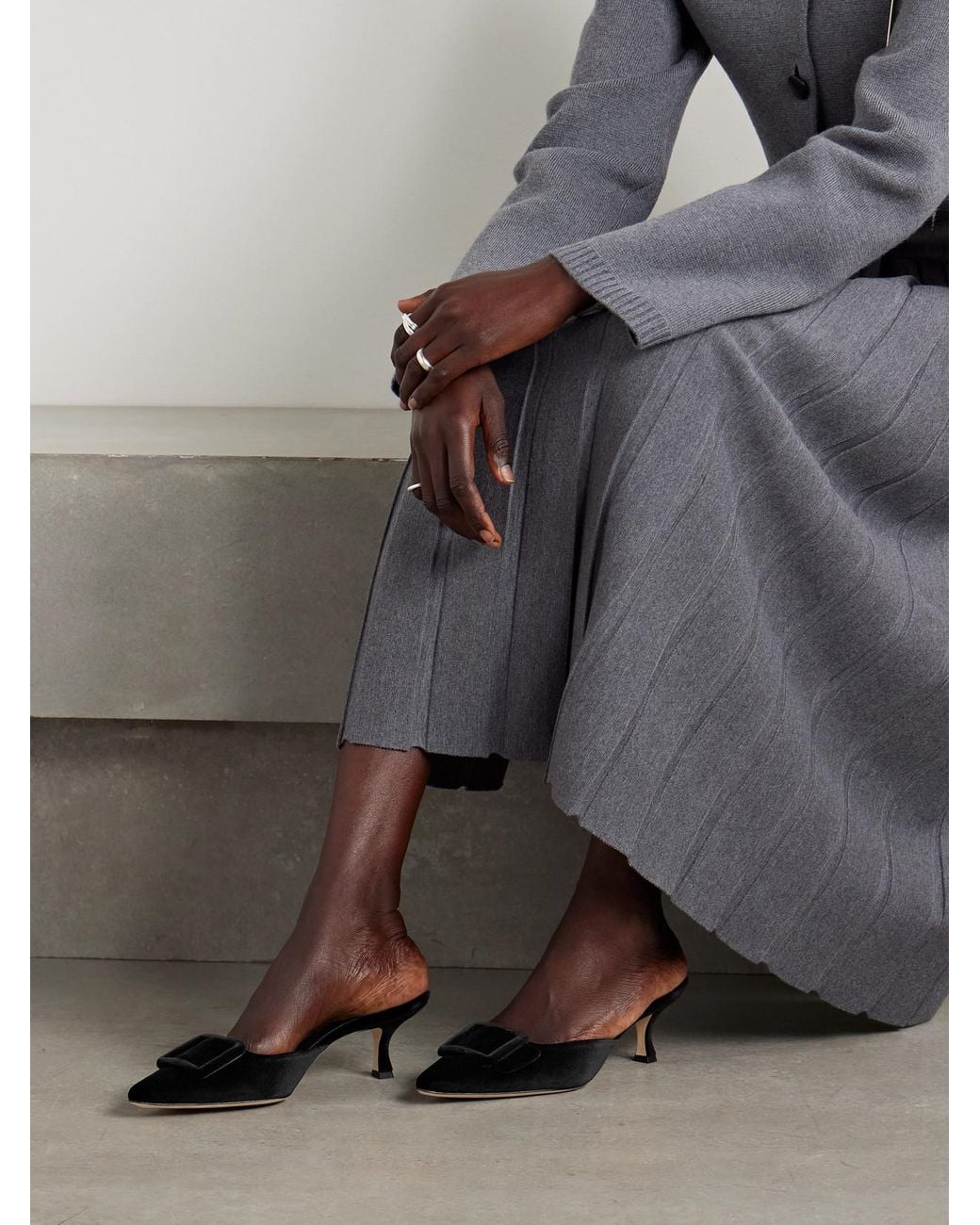 Manolo Blahnik Black Maysale 50 Buckled Velvet Mules