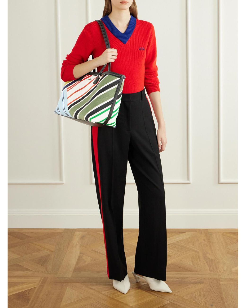 Loewe Blue Verano Logo-Embroidered Striped Leather-Trimmed Canvas Tote