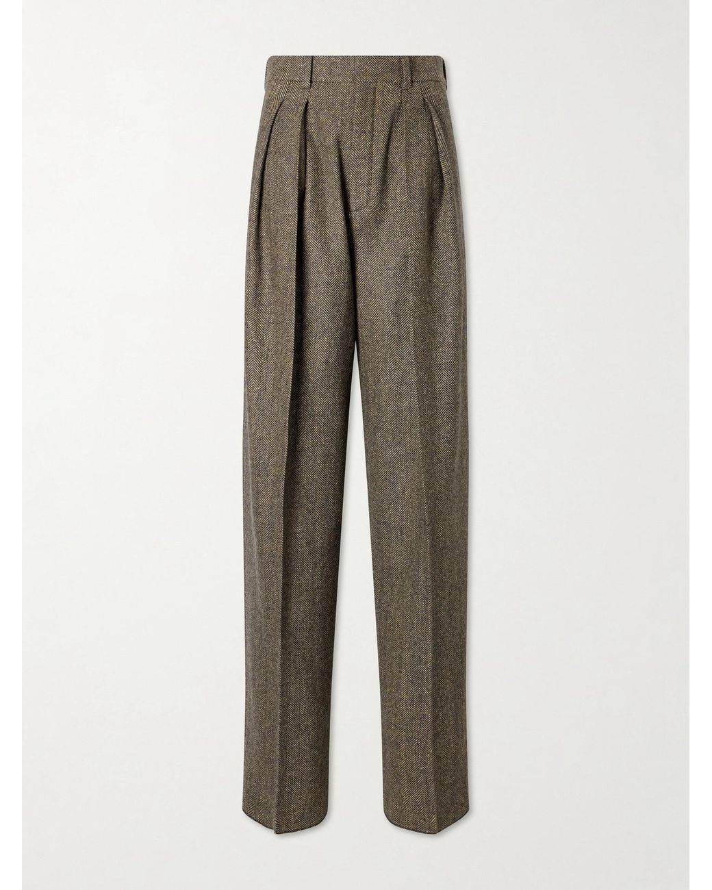Saint Laurent Natural Pleated Herringbone Wool-Blend Straight-Leg Pants