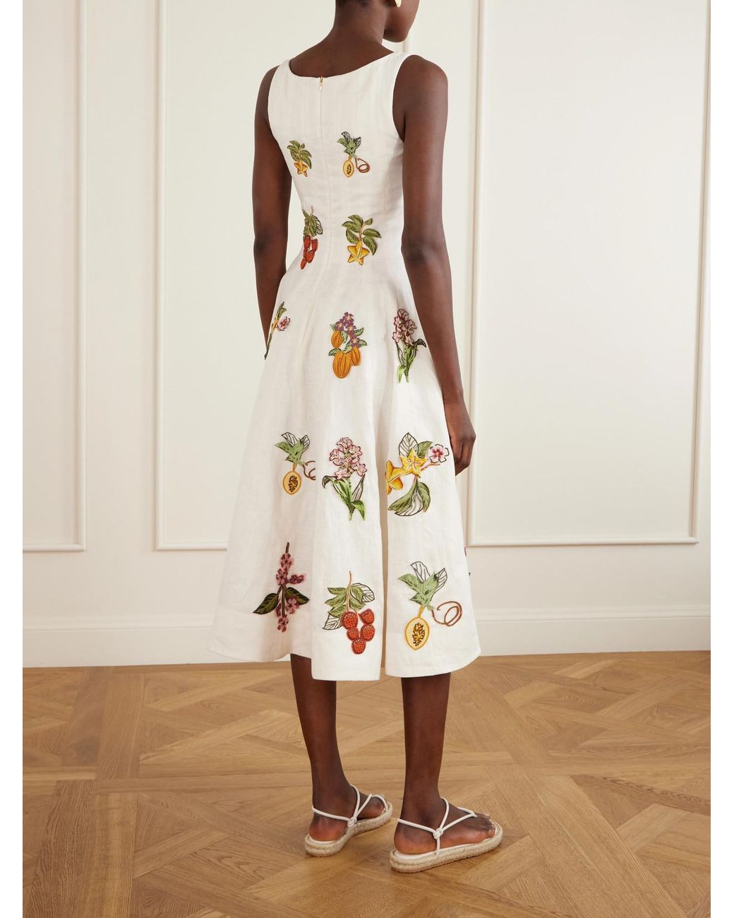 Agua Bendita Natural Frontera Embellished Floral-Appliqué Linen Midi Dress