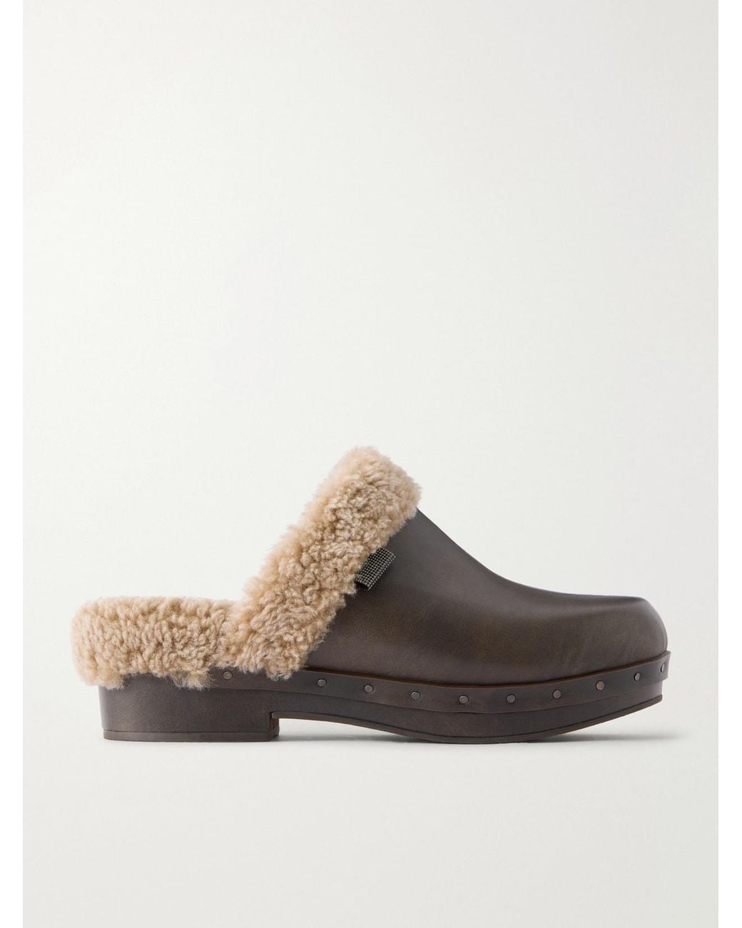 Brunello Cucinelli Brown Monili-Embellished Shearling-Trimmed Leather Clogs