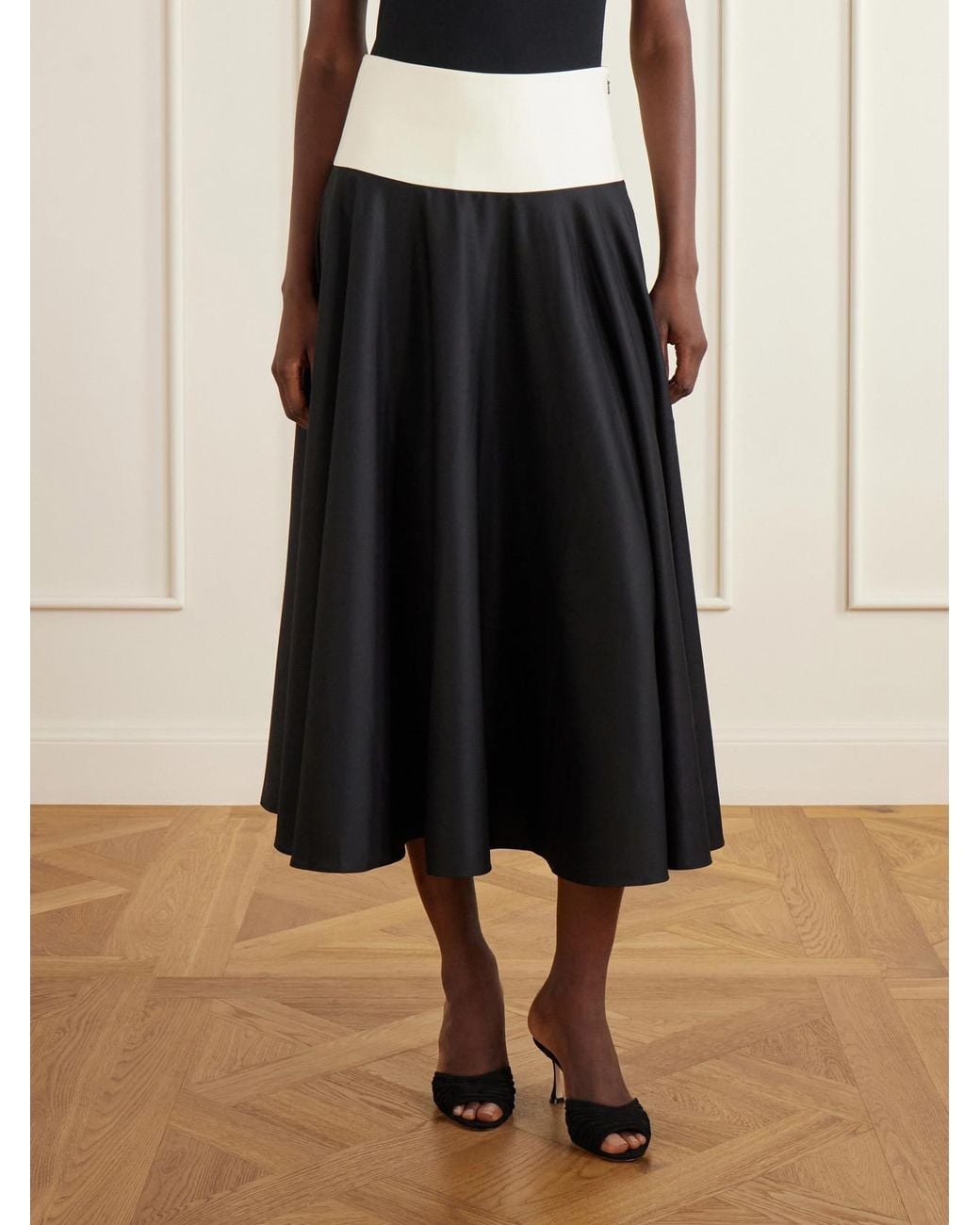 Abadia Black Pleated Cotton-Poplin Midi Skirt