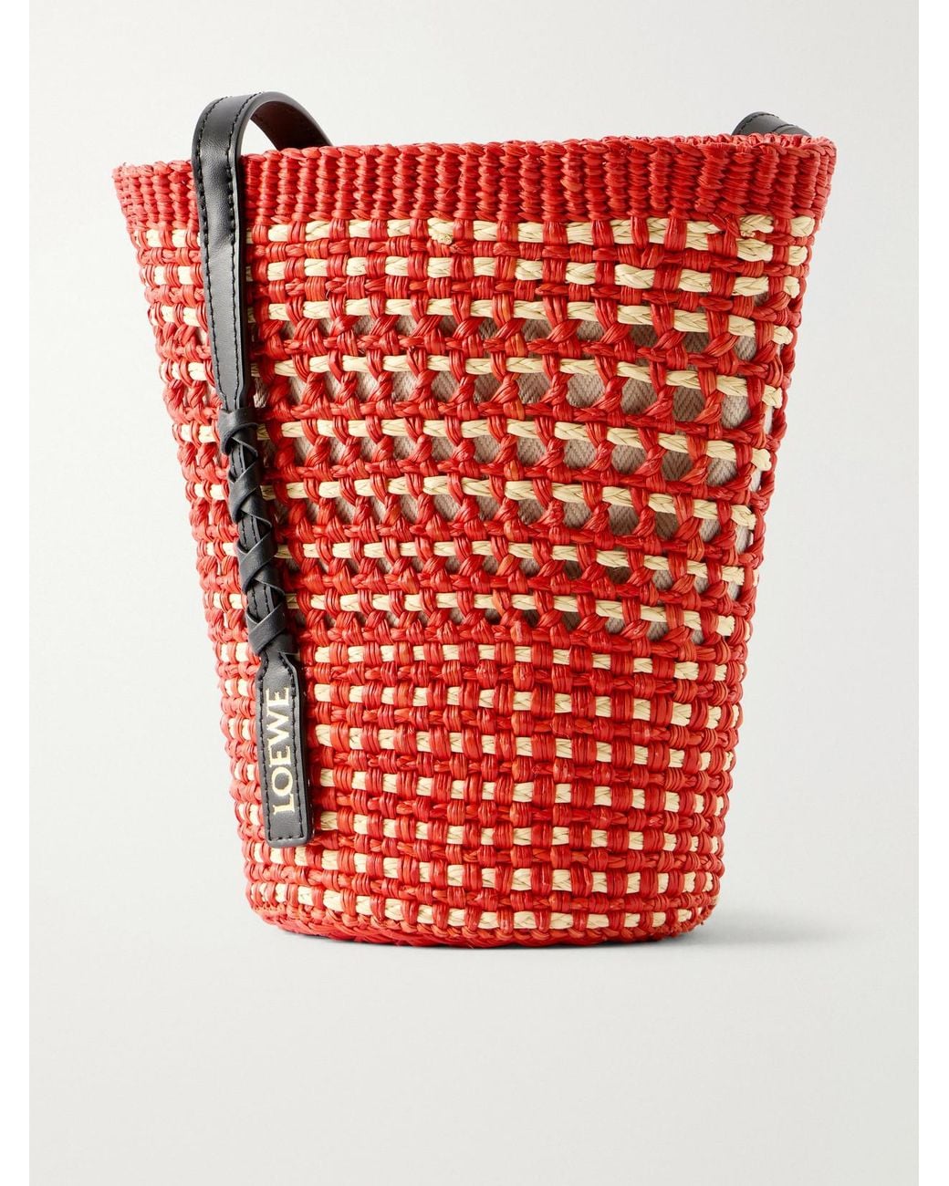 Loewe Red Paula's Ibiza Braid Leather-Trimmed Raffia Shoulder Bag
