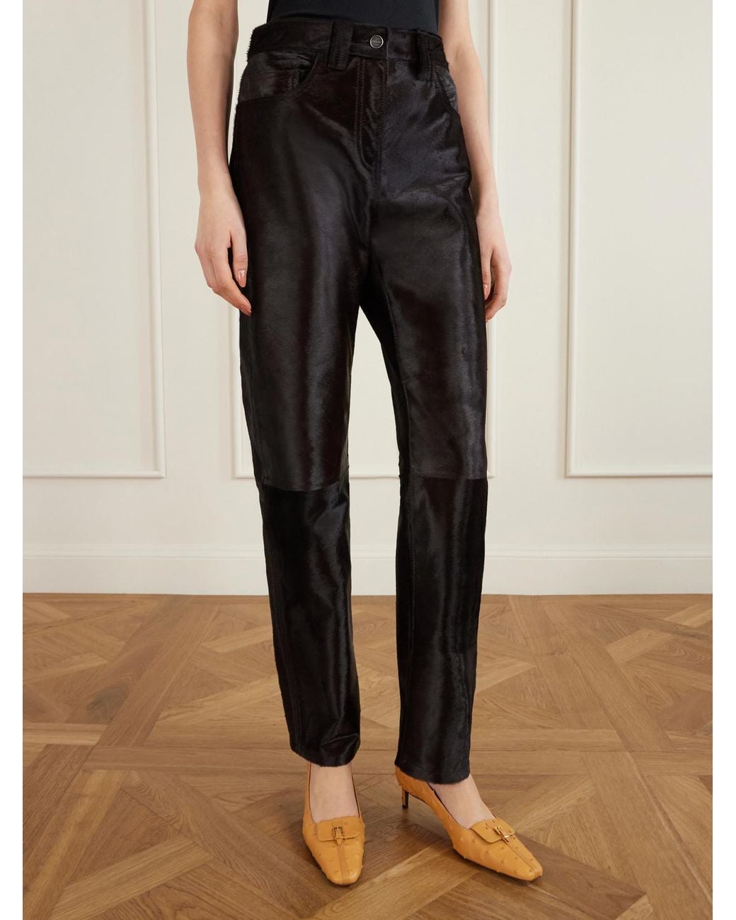Khaite Black Callum Calf Hair Straight-Leg Pants