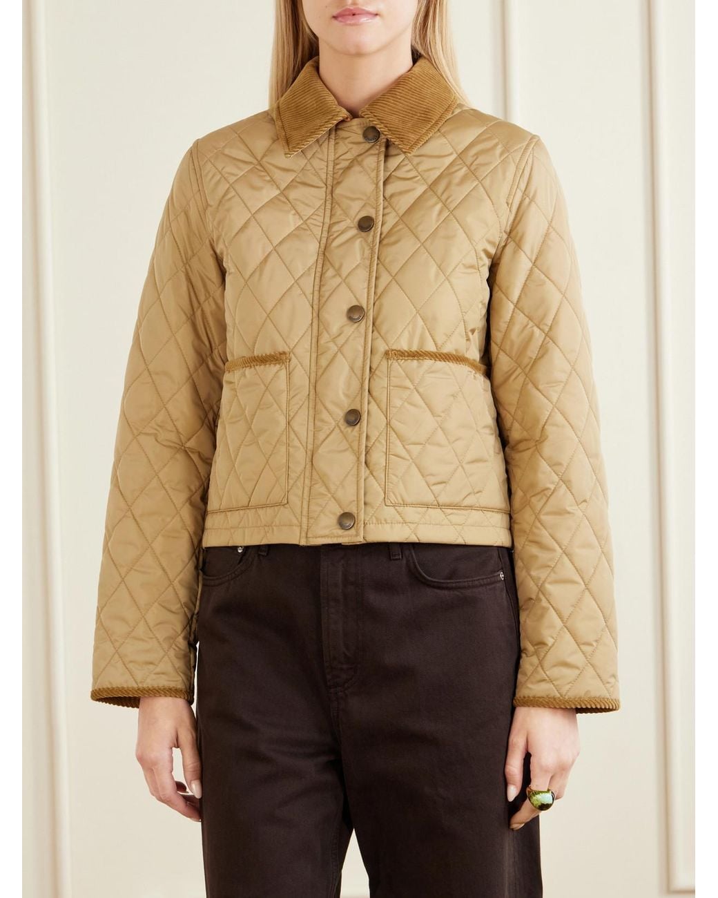 Burberry Natural Cropped Corduroy-Trimmed Quilted Shell Jacket