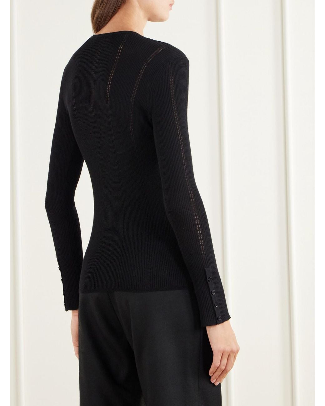 Gabriela Hearst Black Olea Ribbed Pointelle-Knit Wool Henley Top