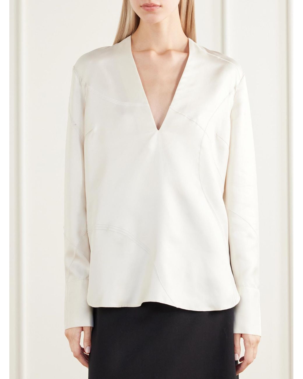 Loulou de Saison White Syla Velvet-Trimmed Silk-Blend Twill Blouse
