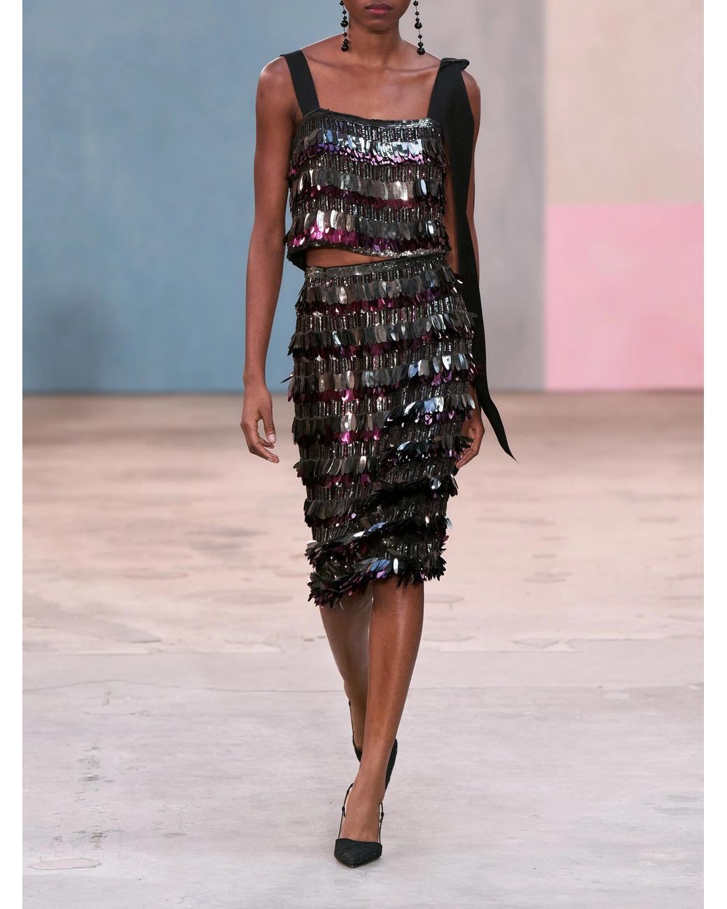 Carolina Herrera Black Embellished Silk Double-Georgette Midi Skirt